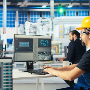 Photovoltaics factory engineer wearing yellow hardhat analyzing data, reviewing system metrics. Solar panels plant technician troubleshooting technical issues using computer software, camera A